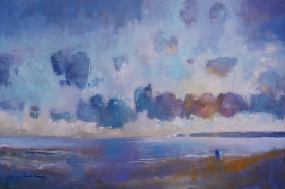 <h3>Dancing Clouds in the Limelight, Poole Bay, Dorset</h3> | © Copyright 2022 Roger Dell Seddon | Oil on canvas |51x77cms