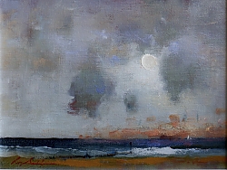 Framed Oil on canvas board |23 x 28 cms exc. frame |Moon Rise over Poole Bay | © Copyright 2022 Roger Dell Seddon