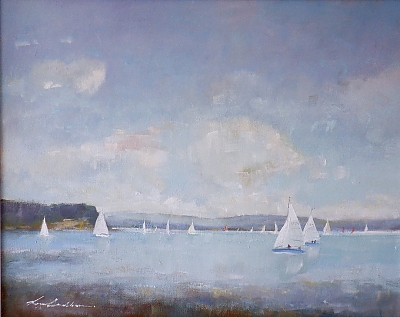 <h3>A good day to be on the water. Poole Harbour</h3> | © Copyright 2022 Roger Dell Seddon | Oil on canvas |41 x 51 cms