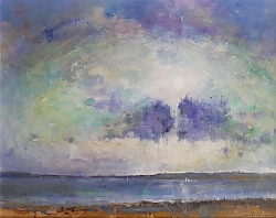 Framed oil on panel |Image 46x60 cms.  Framed 60x73 cms. EXHIBITED AT THE GALLERY AT 41 CORFE CASTLE DURING DORSET ART WEEKS 2021 |Weymouth Bay Skyscape | © Copyright 2022 Roger Dell Seddon