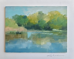 Oil on panel |Image 15x20 cms mounted on back panel 20x26 cms.  |Quietly flows the River | © Copyright 2022 Roger Dell Seddon