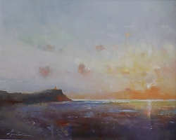 Oil on canvas |41 x 51cms excluding frame |High Tide at Nightfall over Kimmeridge Bay, Dorset | © Copyright 2022 Roger Dell Seddon