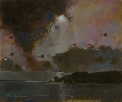 Oil |26x31 cms |Storm Clouds building up over the Purbeck Hills | © Copyright 2022 Roger Dell Seddon