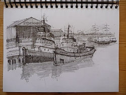pen and ink | |Inner harbour mooring | © Copyright 2022 Roger Dell Seddon