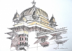 pen, ink and watercolour | |Domed Pavilion, Jahangari Mahal, Orcha | © Copyright 2022 Roger Dell Seddon