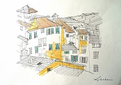 Pen, ink and watercolour | |Amphitheatre rooftops, Lucca | © Copyright 2022 Roger Dell Seddon