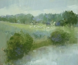 Framed Oil on panel |Image 26cm x 31cm   Framed  31x36 cms |Riverside meadow with contented sheep | © Copyright 2022 Roger Dell Seddon