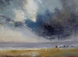 Oil on panel |29 x 39 cm |Autumn storm approaching Sandbanks with dog walkers | © Copyright 2022 Roger Dell Seddon