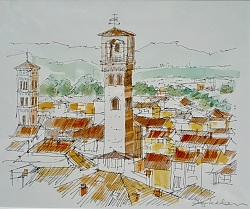 pen, ink and watercolour | |Bell Towers, Lucca | © Copyright 2022 Roger Dell Seddon